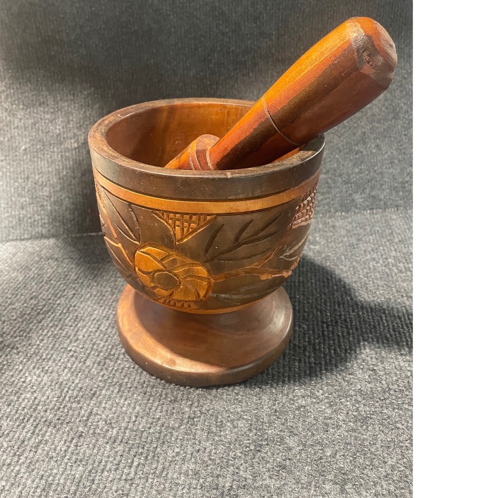 Hand Carved Wooden Mortar and Pestle Set Floral Design Rustic Brown Kitchen Tool